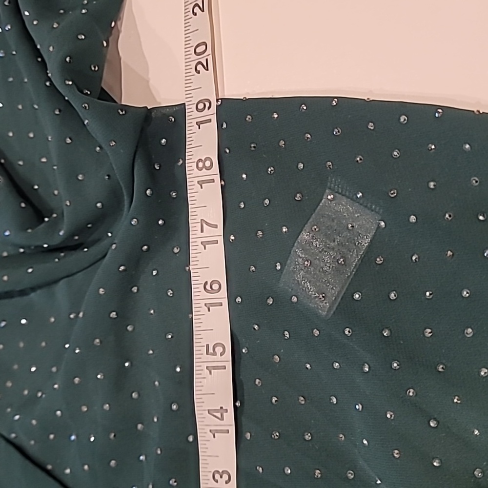 Top Chic Tie Front Semi Sheer Sparkle Studded Cropped Blouse Forest Green L - Picture 12 of 14